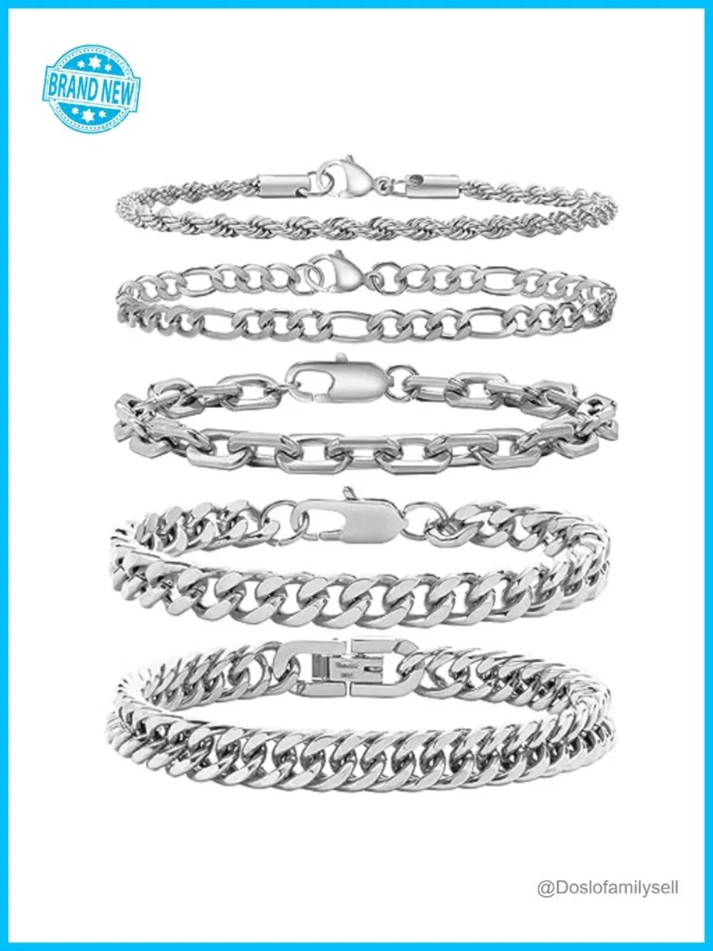 Stainless Steel Link Chain Bracelet Set - 5 Piece Stackable